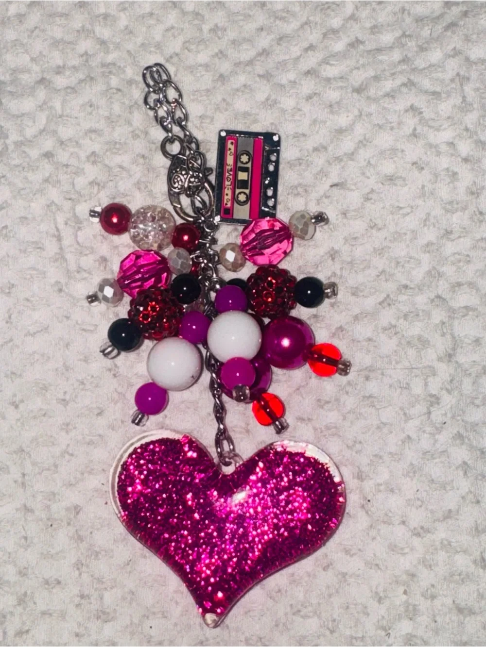 Sparkling Pink Heart & Bead Charm Keychain/ purse fob.